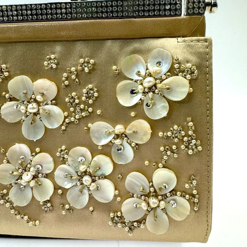 Auth Valentino Silk Floral Embroidered Crystal Framed Clutch Chain Evening Bag